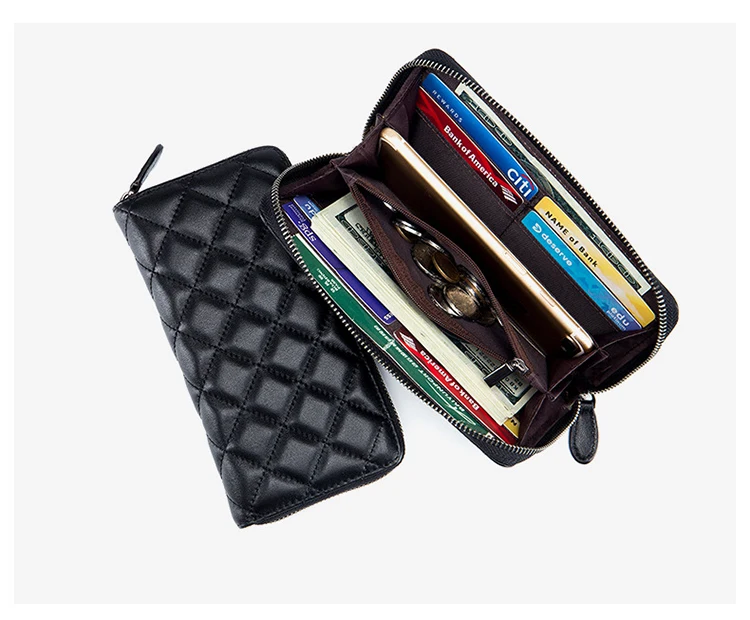 Customized your logo genuine leather diamond grid long high-capacity purses and handbags wholesale wallets