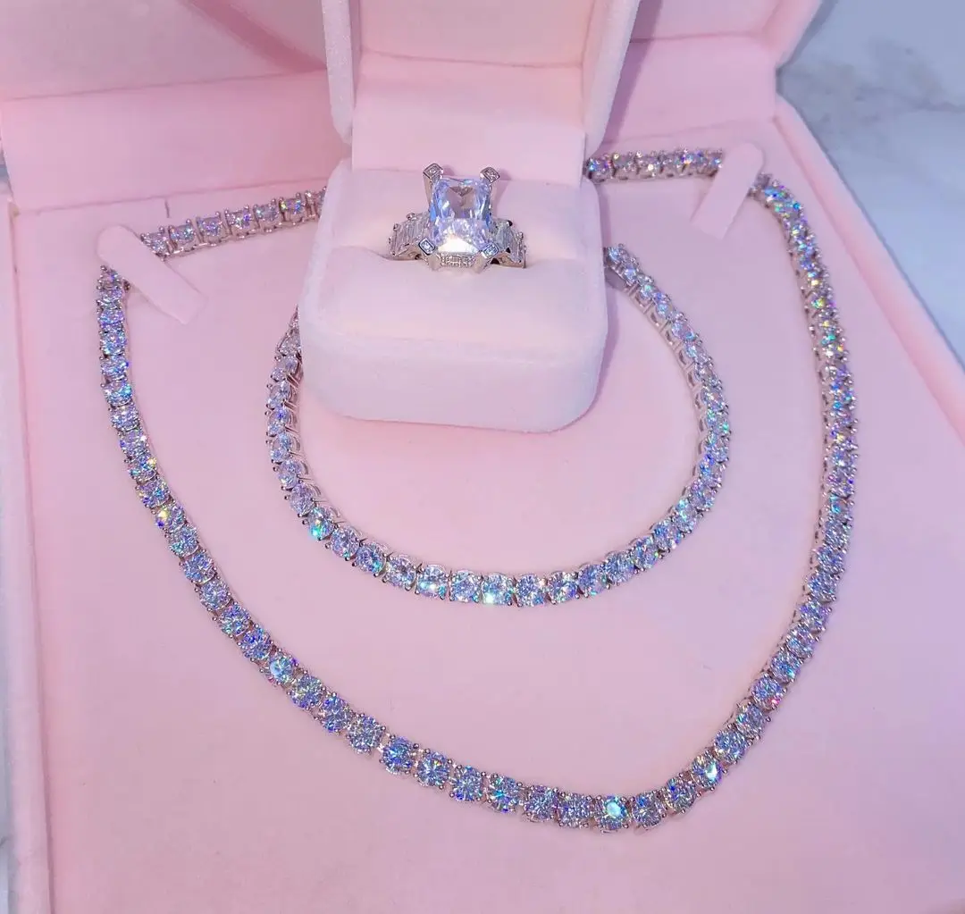 in stock ready to ship iced out bling For women 5A 5mm Cubic zirconia cz tennis bracelet necklace jewelry set