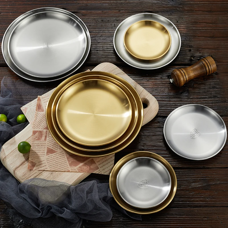 Stainless Steel Korean Style Silver mental Cake Fruit food salad BBQ Round frosted grilled meat dish shallow luxury plate