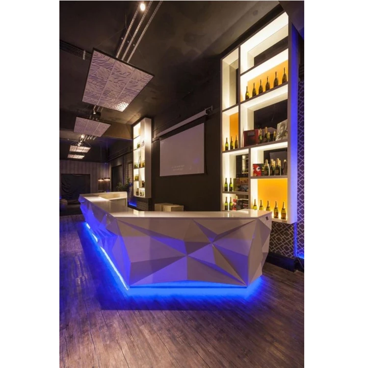 RGB Led Coffee Bar Counter Interior Design White U Shape Marble Stone Service Desk
