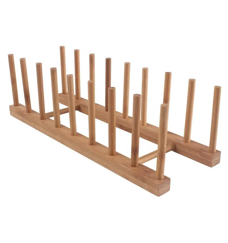 Kitchen 8-Slots Bamboo Wooden Dish Rack Storage Organization Plate Rack Stand Pot Lid Holder