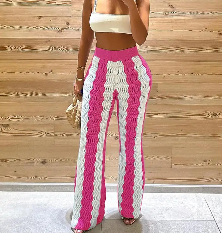 STOCK 4Colors Fashion Women Crochet Clothing Fall Sexy Hollow Out Wavy Patchwork High Waist Knitted Wide Leg Pants