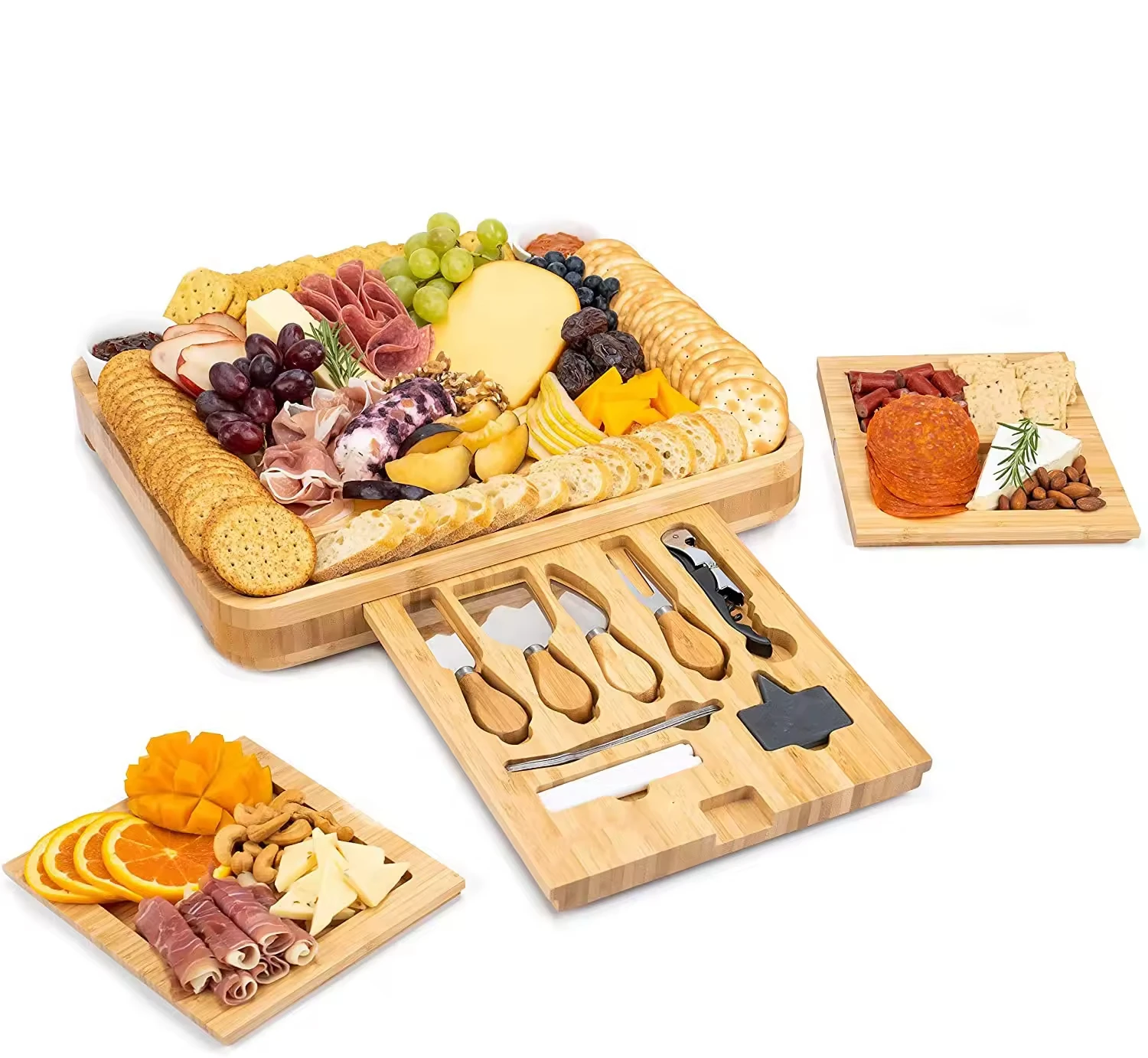 Simple Bamboo Cheese and Meat Board with Cutting Knives Drawer for Serving Charcuterie Board and Utensils Tray