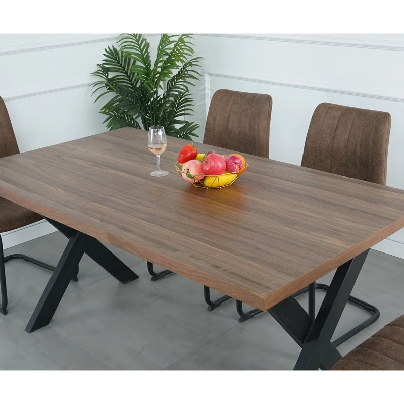 Manufacturer Solid Wood Material Classical Design Black Powder Coating Wood Modern Dining Table with Metal Frame