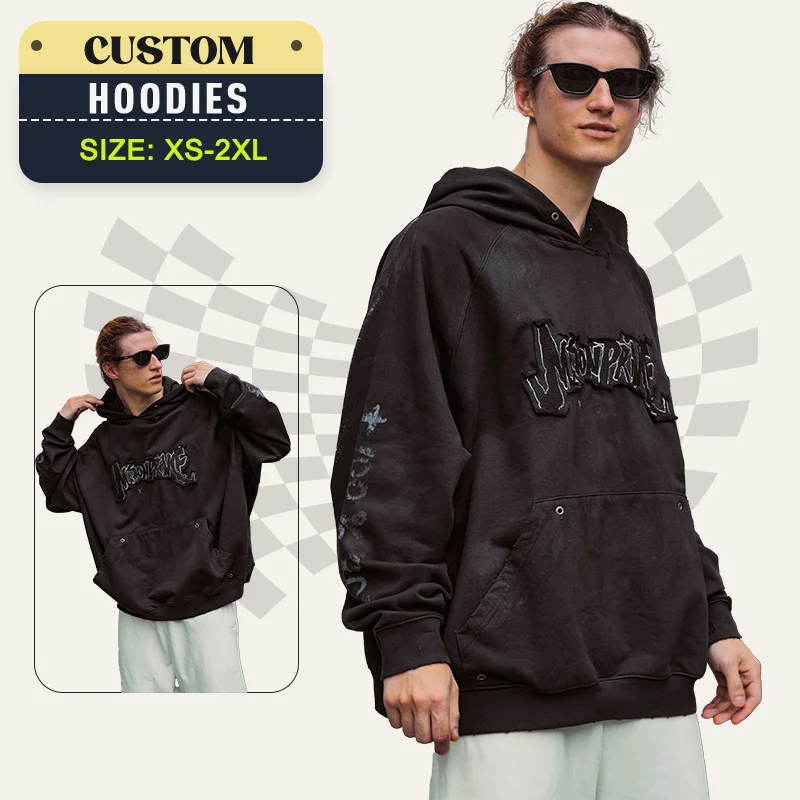 Custom embroidery Pullover hoodie vintage distressed rhinestone manufacturers unisex printing french terry plain for cotton