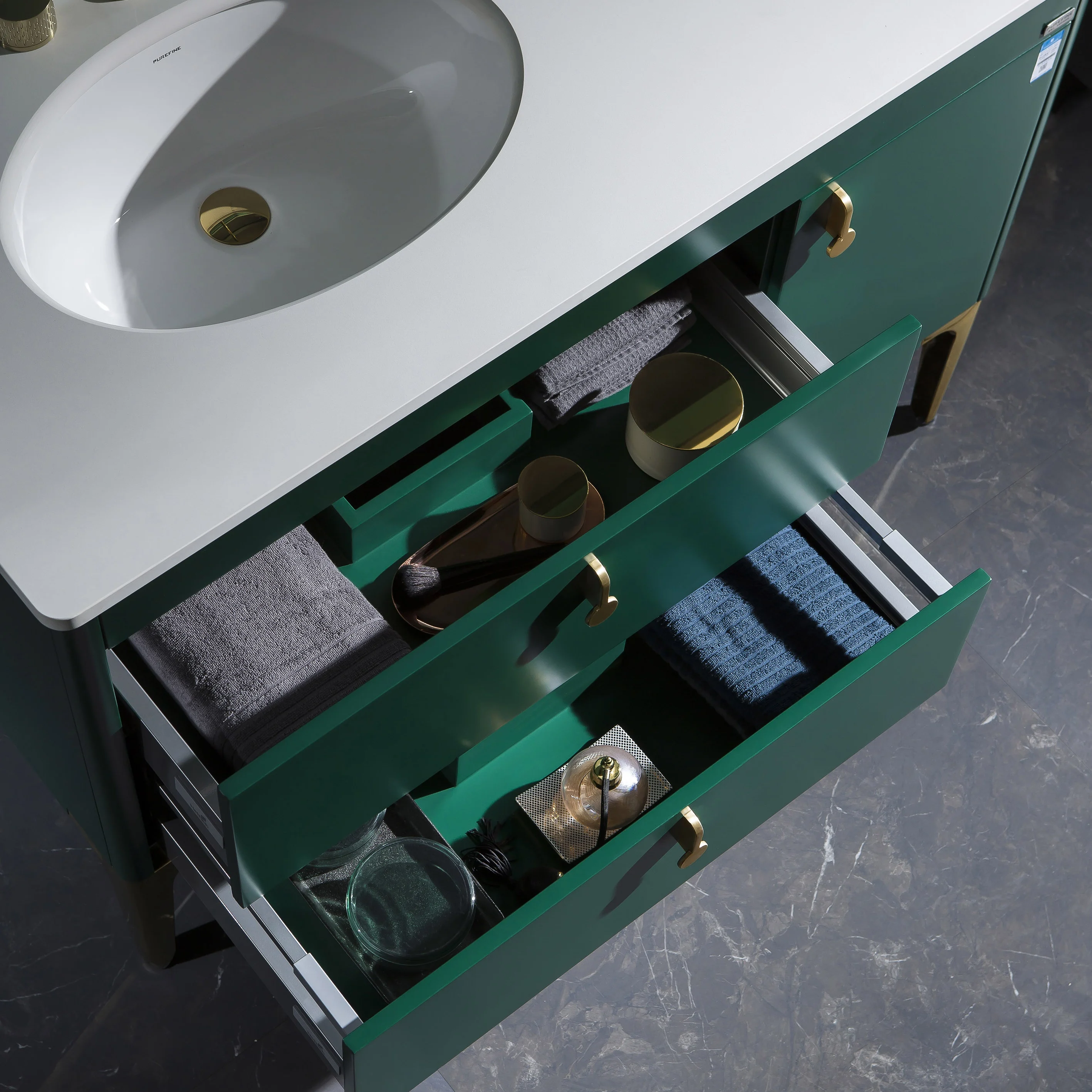 Honorable jade green unique special bathroom furniture cabinet set with LED Mirror and golden handle