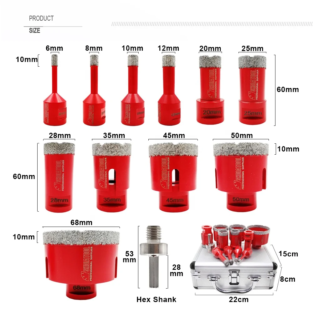 1set/12pcs M14 Thread Vacuum Brazed Drill Bits with box 6+8+10+12+20+25+28+35+45+50+68mm+HEX Diamond Finger Bit/Chamfer Bit