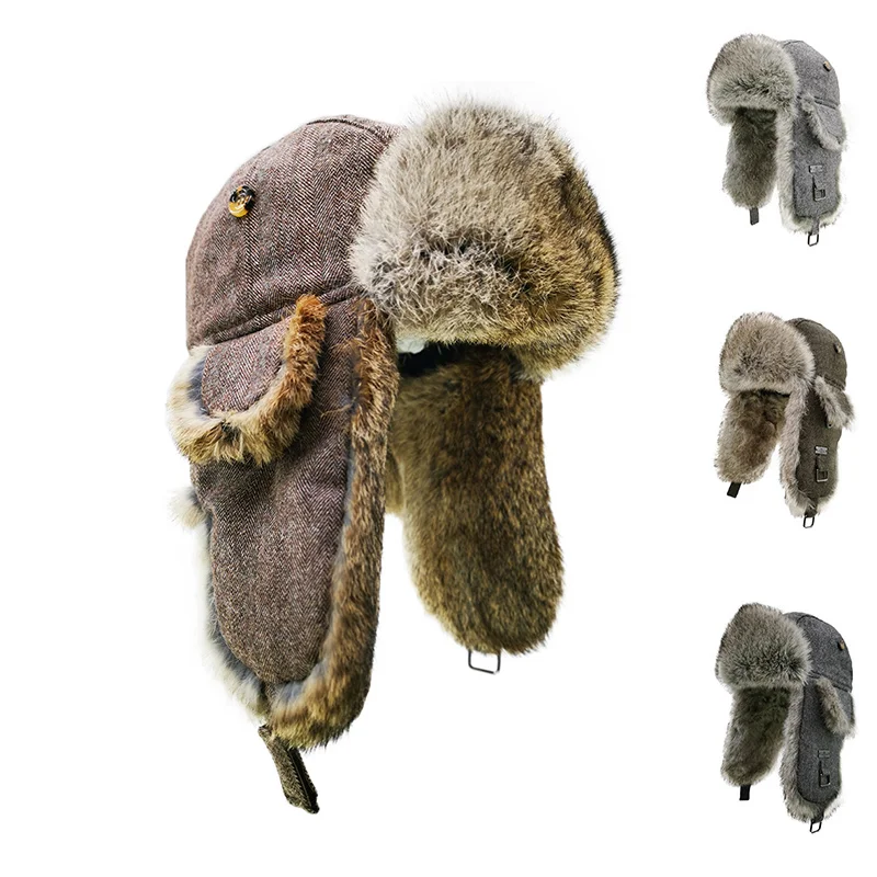 Factory Directly Supply Herringbone Tweed Custom Windbreaker  Real Rabbit Fur Brown Earflap Trooper Hat