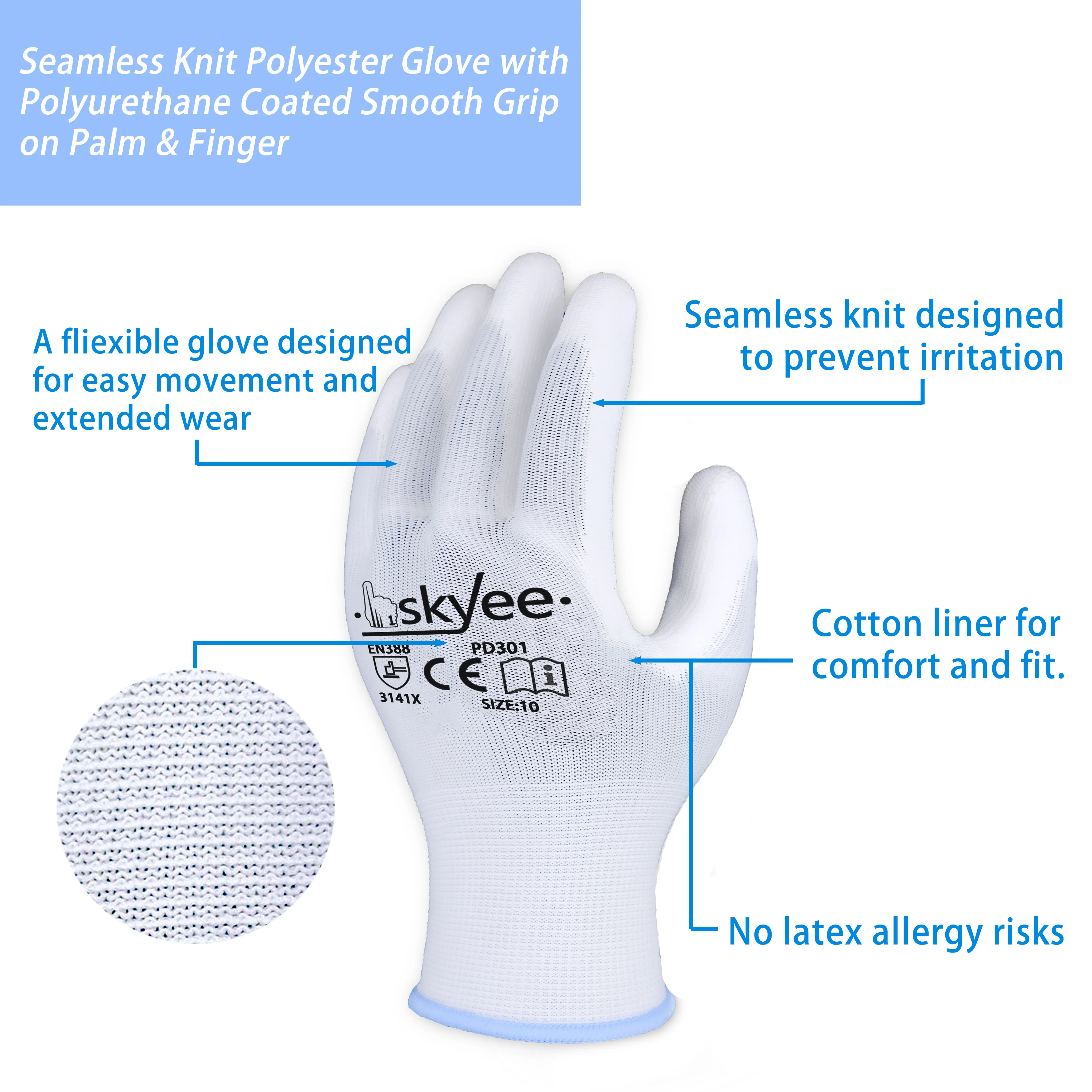 SKYEE cheap price pu polyester white color cotton garden work glove nylon anti cut guantes for general duty working