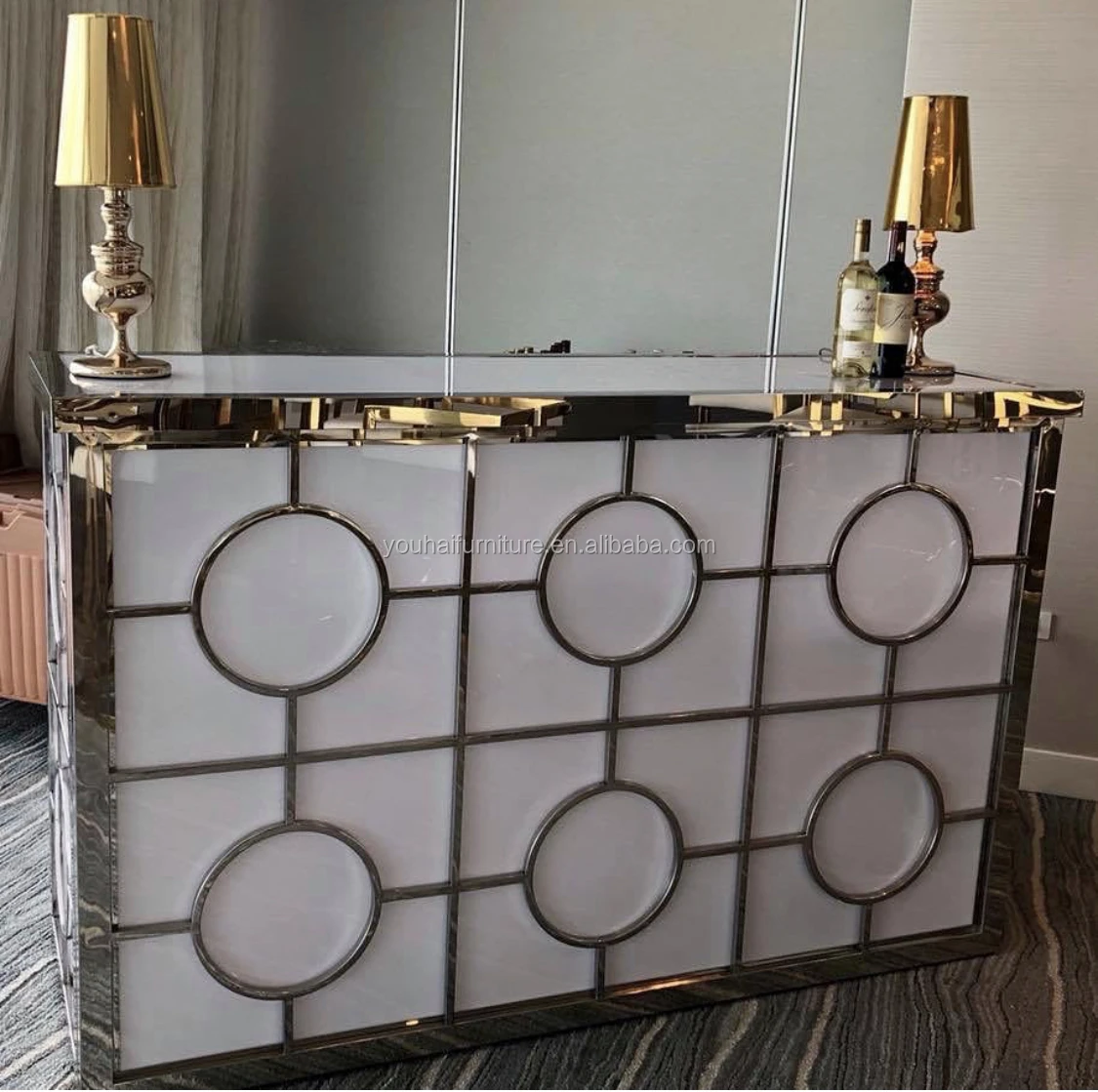 Wedding furniture stainless steel frame glass top led bar counter for sale