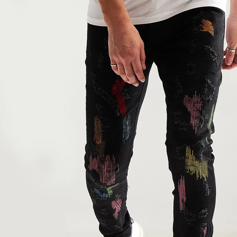 DiZNEW Plus Size Pocket Jeans Denim Factory Custom Fashion Men High Quality Man Jeans Black Beading Rhinestone Jeans For Man