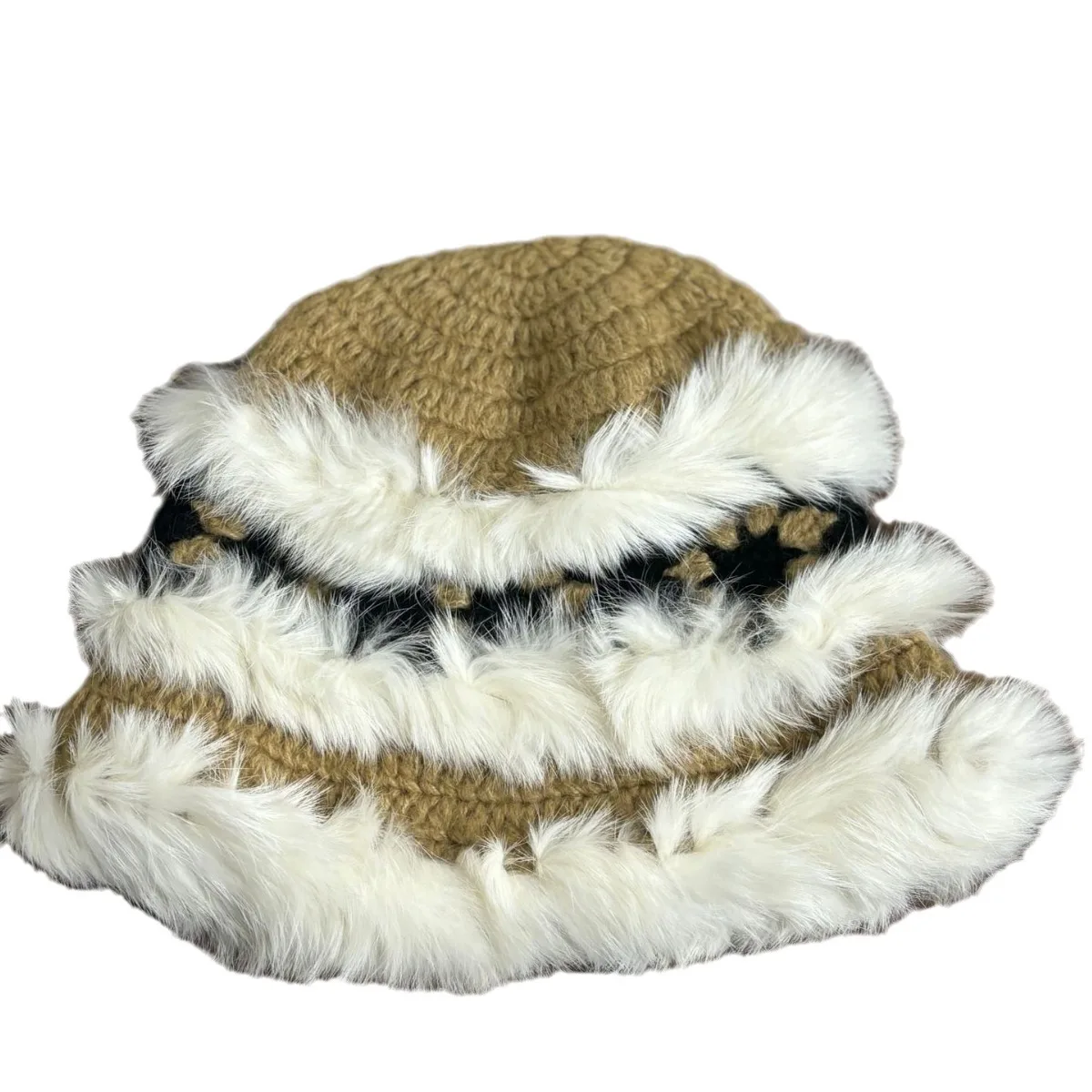 Wholesale Rabbit Fur Knit Lion Design Fisherman Caps Autumn Winter Plush Warm Tiger Head Crochet Bucket Hat Knitted Fluffy