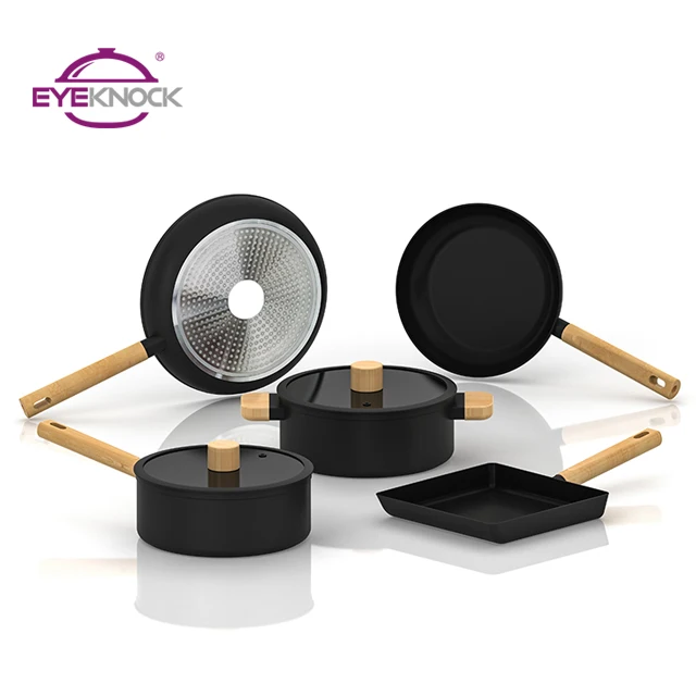 Korean design forged aluminum ivory color induction non stick frypan square grill pan wood handle cookware set