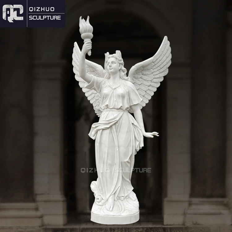 Wholesale Outdoor Garden Hand Carved Natural Stone LIfe Size Figure Statue White Marble Angel Sculpture With Torch