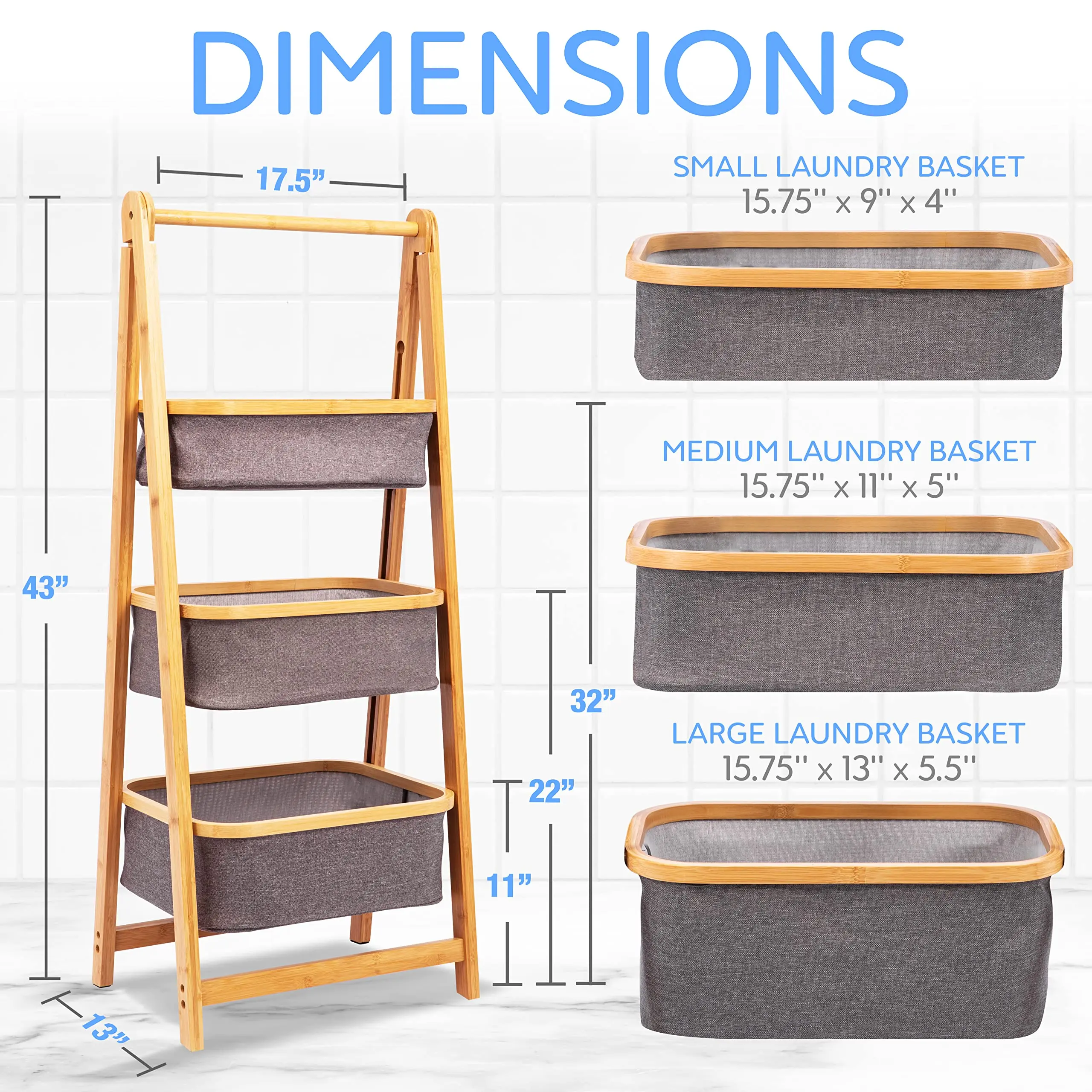3 Tier Fold Out Hamper Shelf Storage Space Saving Collapsible Foldable Natural Bamboo Wooden Organizer Removable Baskets