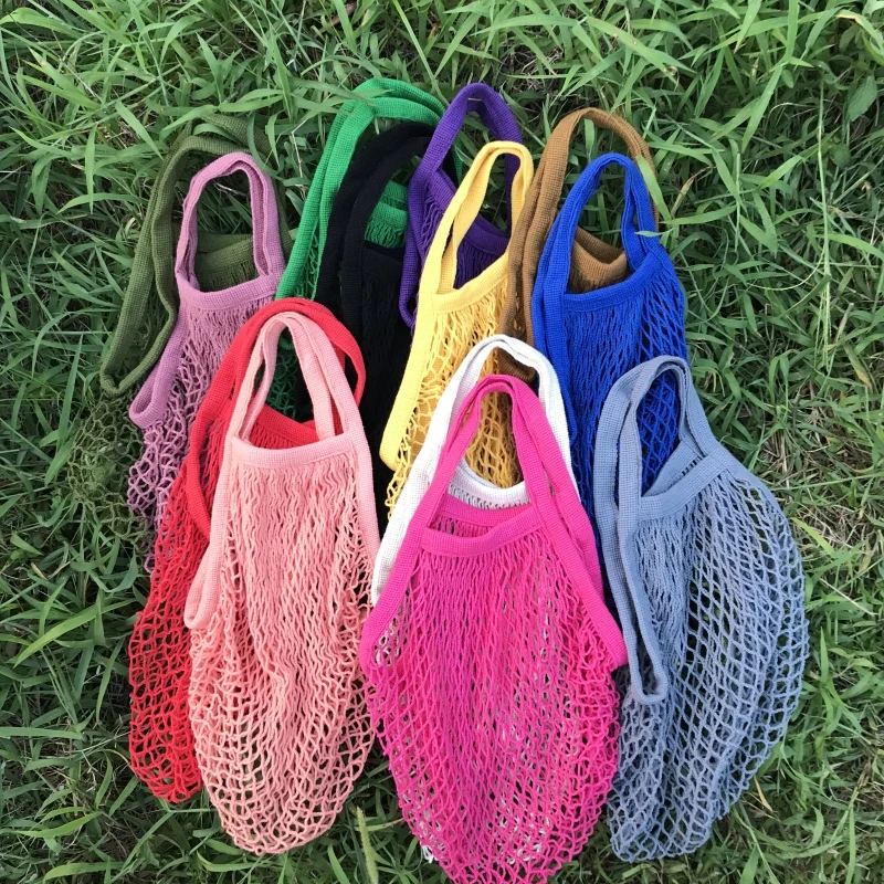 Premium Cotton String Bags for Farmers Market, Produce, Grocery or Beach Trip Handbag Long Handle Net Tote Fruit Mesh Bag