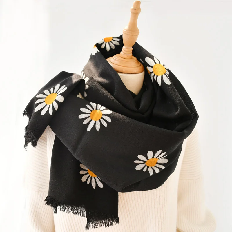 Роскошный шерстяной шарф с розовым принтом, корейские осенне-зимние тонкие шарфы для женщин, теплые мягкие шали-бандана, модные черные шали