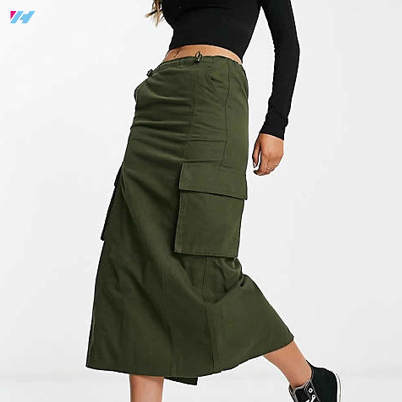 Custom Casual Green Women Midi Long Cargo Skirt With Pockets