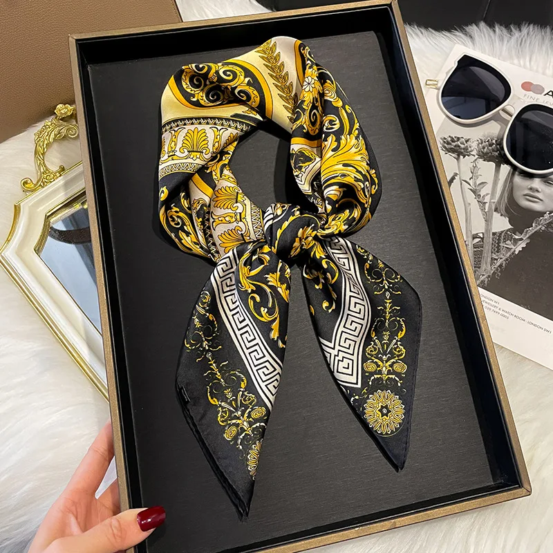 Factory OEM ODM 70x70cm Square Neck Scarf Head Hairband Kerchief Wonderful Letter Printed Imitated Silk Scarves for Women