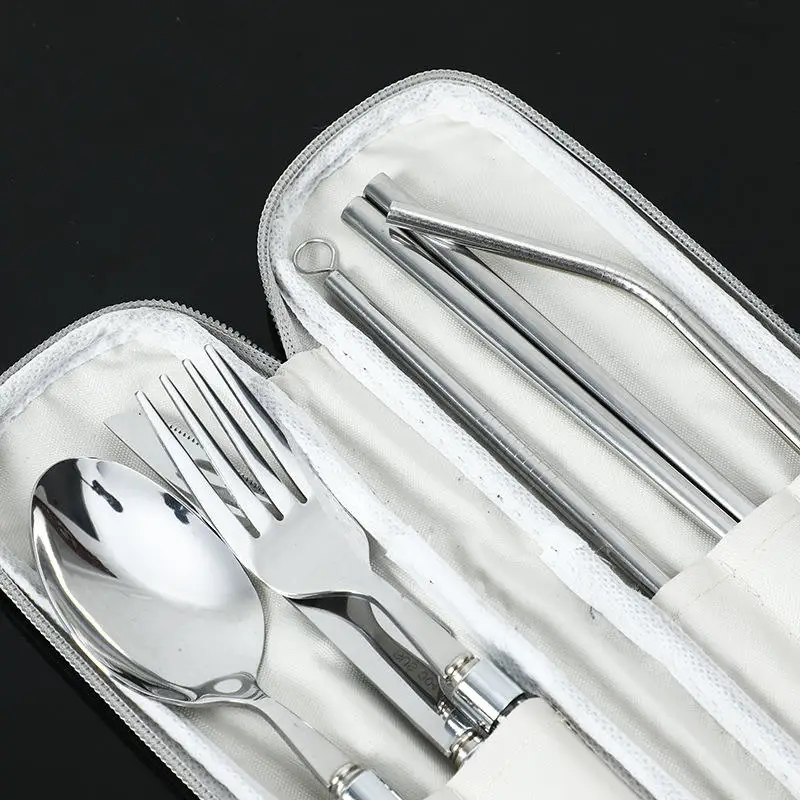 7-piece portable stainless steel travel camping High Quality tableware Knife fork spoon chopsticks Cleaning brush straw