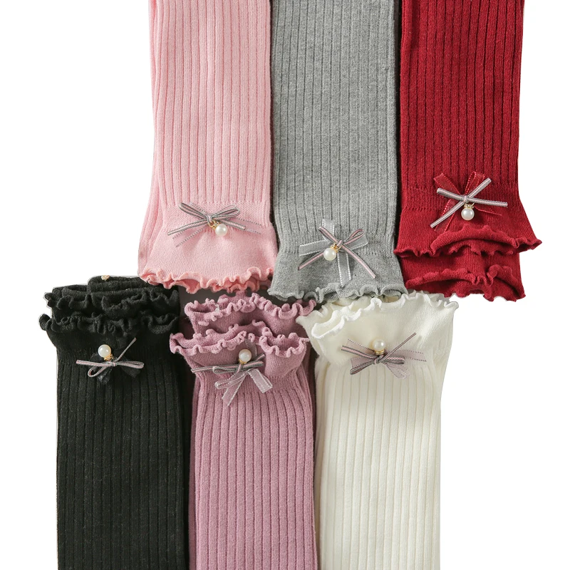 Wholesale High Quality Cute Toddler Baby Tights Lovely Pearl Bow Cotton Ribbed Dancing Kids Ninth Pants