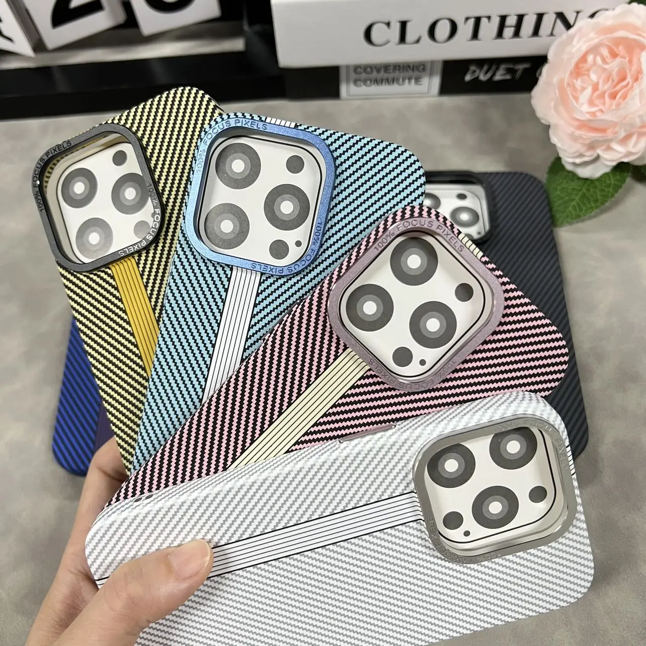 New 3D Water Paste Carbon Design Metal Ring 3 in 1 Shockproof PC Mobile Phone Cover for IP 14 PRO MAX 15 PRO MAX 15 Plus 1