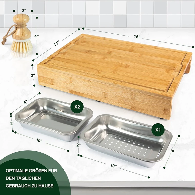 Chopping Board Made of High-Quality Bamboo Chopping Board with 3 Stainless Steel Crumb Trays Practical Wooden Board Kitchen Non