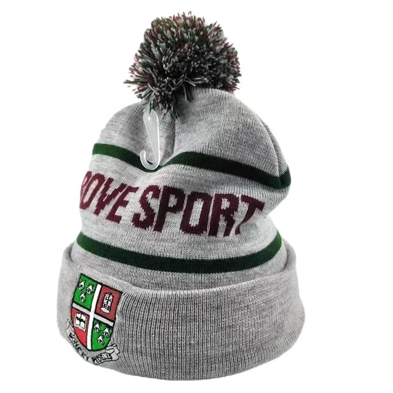 Custom embroidered knit caps soccer team basketball team sports cheerleading hats eco-friendly acrylic jacquard pom poms beanies