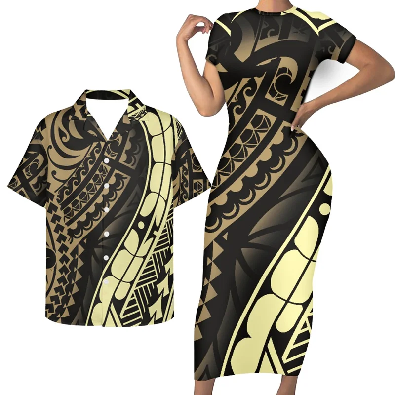 Polynesian Dress and Hawaiian Shirts Couple 2 Pieces Set Women Cheap Wholesale Premium Custom Wedding Dresses Women Lady Elegant