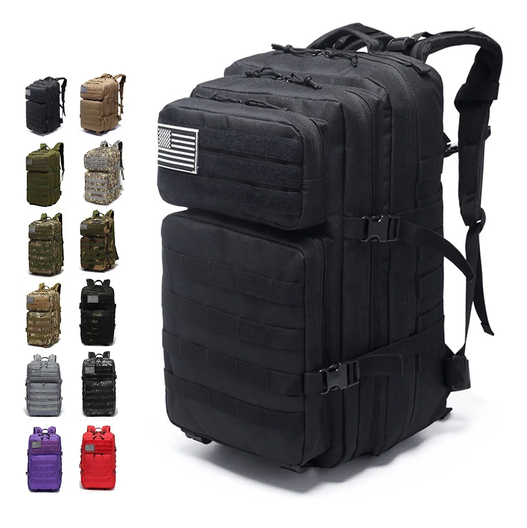 Double Shoulder 3P Large Capacity Crossbody Hunting Heavy Duty Black Nylon Rucksack Molle 45L Tactical Backpack