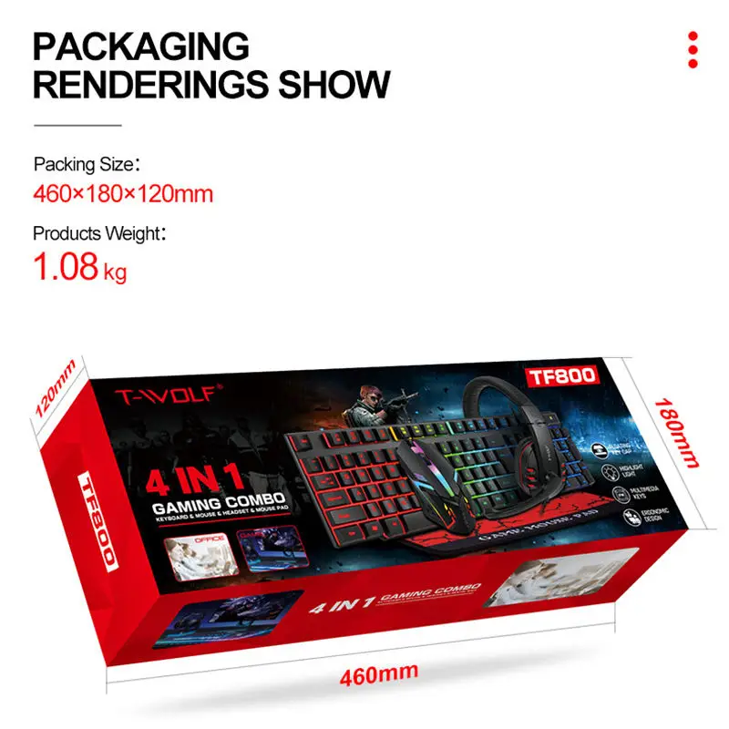 Gaming Combo TF800 Wired PC Universal RGB 4 in 1 Gaming Combo Set Keyboard and Mouse Headphones Mouse Pad