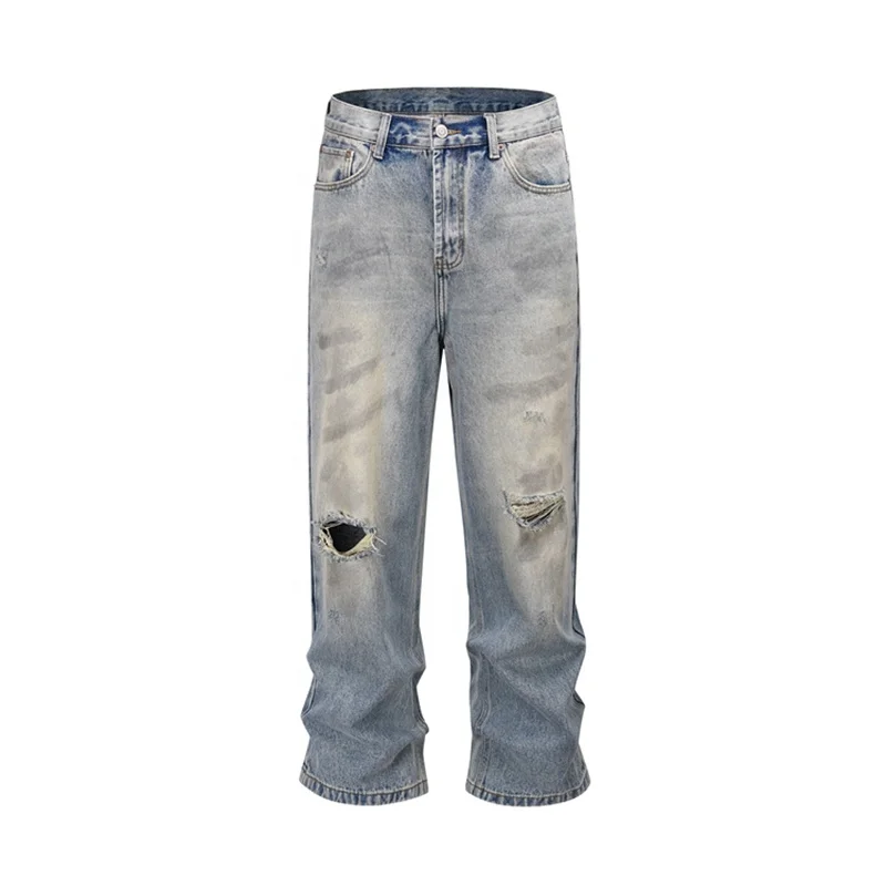 Custom label  drop ship  stock street wear stock baggy jeans manufacturer men blue stacked flared denim jeans