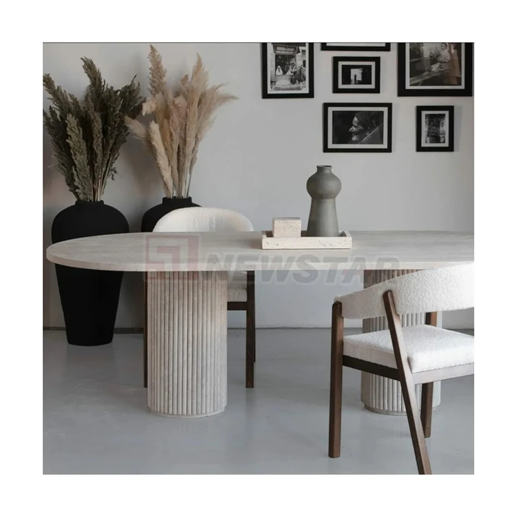 Newstar Simple Style Customized Dining Table Beige Travertine Oval Dining Table Round Marble Dining Room Table