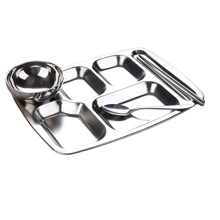 stainless steel 201 lunch dinner snack plate fast food tray 6 compartment Divided tray for school canteen adult and kids