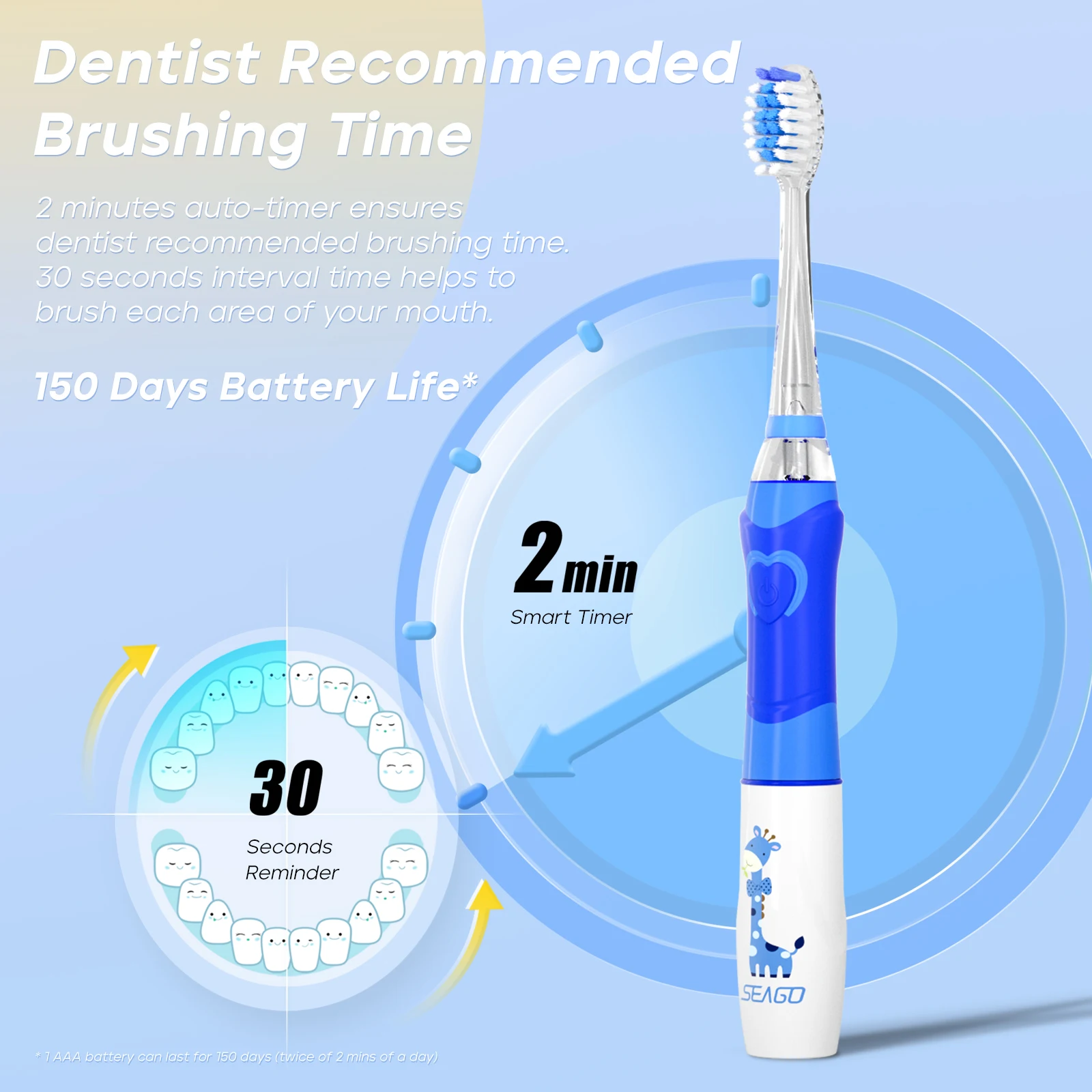 SEAGO SG977 LED Light 4 Modes Oral Whitening Care 8 Soft Brush Heads Smart Timer Age 3+ Kids Child Sonic Electric Toothbrush