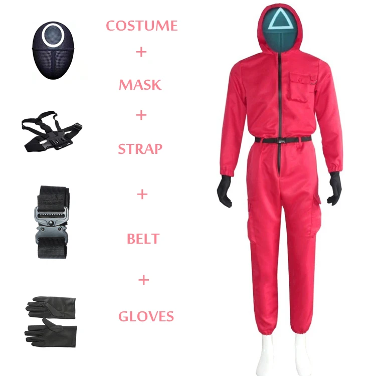 Ready Stock Halloween Day Cosplay Korean TV Administrator Mask Red Jumpsuit Participant Green Costume Squid Game