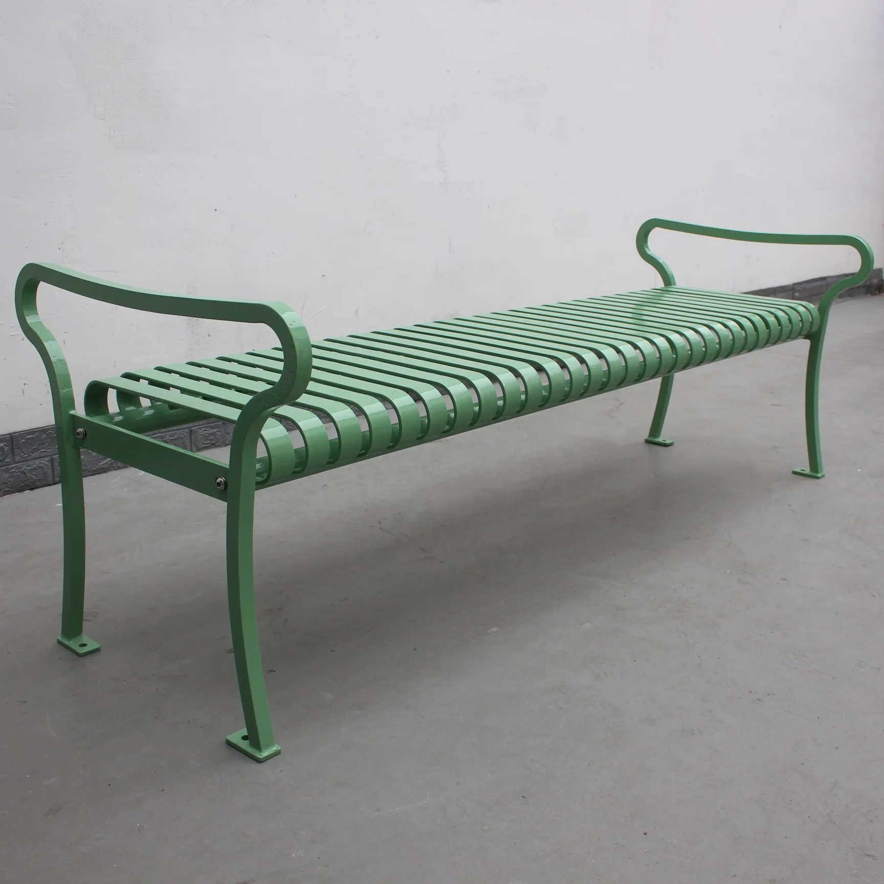 2023 NEW American style patio furniture outside steel slat artistic outdoor backless patio benches with armrests for public park