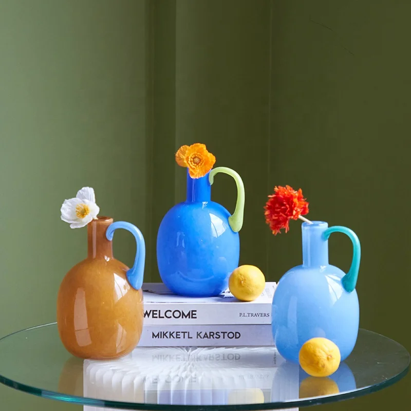 Bixuan Handblown Glossy Glass Vases Amber Cobalt Pastel Blue Colorful Decorative Curved Handle Design Home Decor Tabletop Vases
