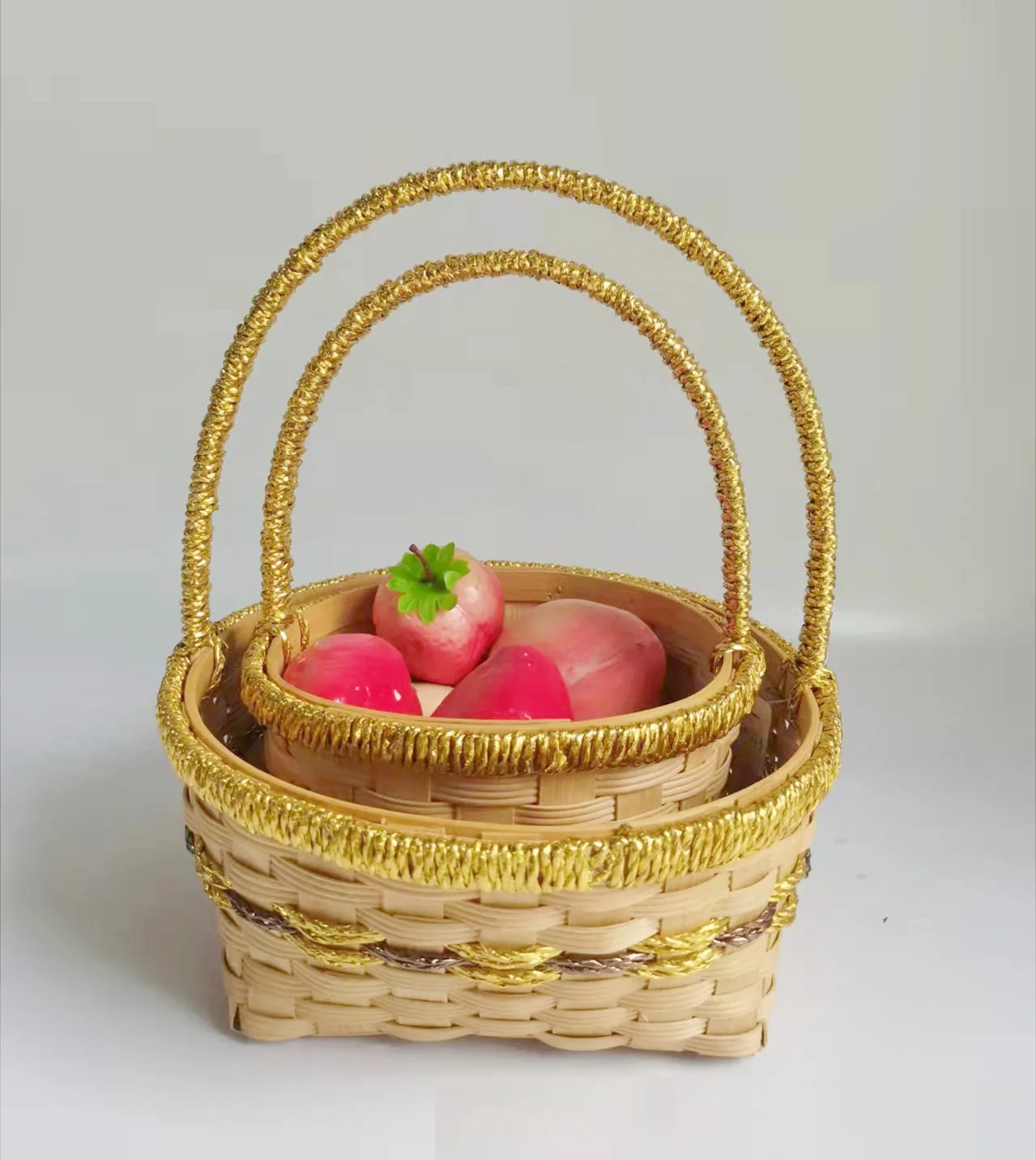 Handmade Eco-friendly Round Poplar Wood Basket With Handle And Lace Rim Woven Home Decor Storage Basket