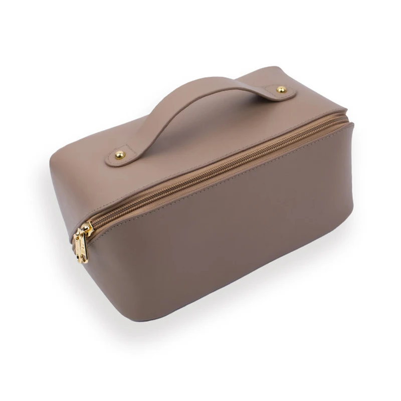Cosmetic Travel Bag Cases Wholesale Travel Toiletry Bag Made of PU Leather Lay Flat Makeup Bag with Handle and Divider