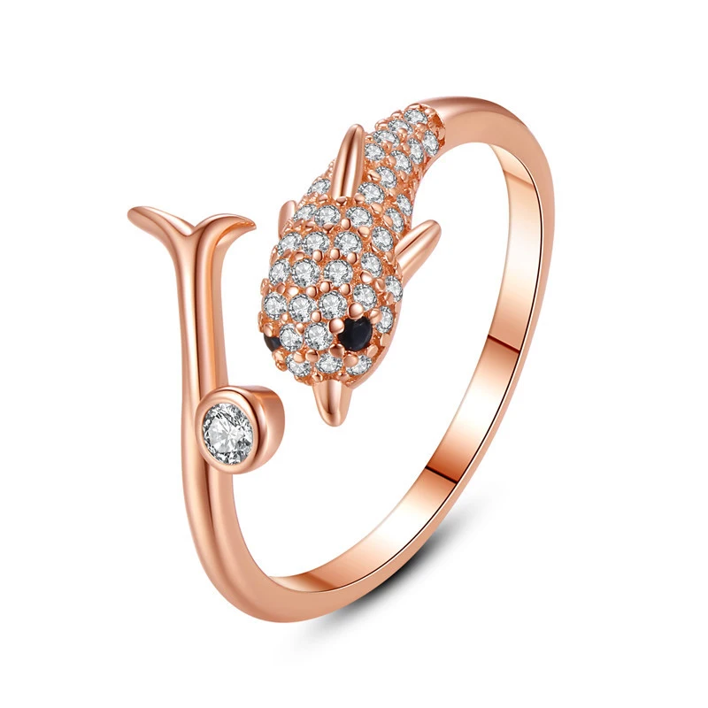 Personal customization OEM&ODM gold plated 3A zircon dolphin animal 925 silver ring fashion jewelry