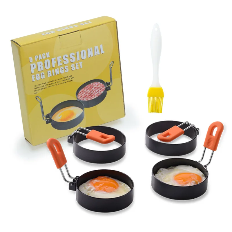 Hot Sale Design 5pcs a Set Non-stick Round Fried Omelette Mold Egg Ring Set With Folding Handle Silicone Oil Brush
