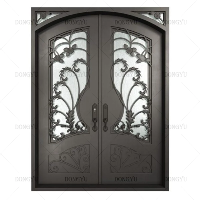 Luxury Exterior Main Entry Cheap Price Nigeria Cast Arches Front Double Galvanized Entrance  Wrought Iron Door With Sidelight