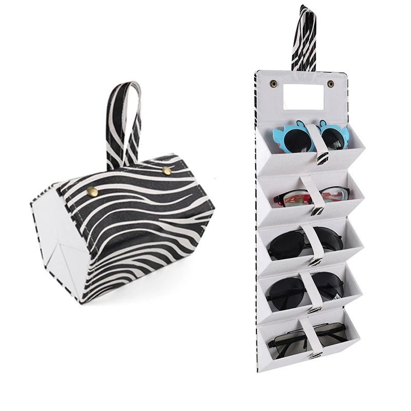 Cow  Multiple 5-Slots Case Fashion PU Multi Layer Triangle Folding Sunglasses Storage Boxs bag pouch with hanger