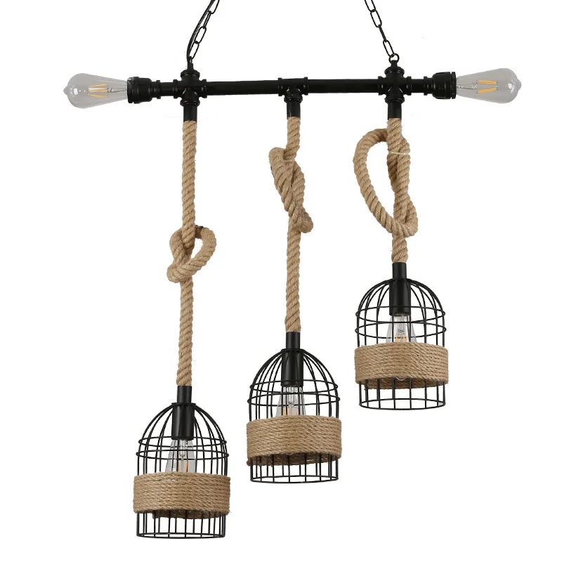 Country Rustic Style Hemp Rope Cord Pendant Light Metal Birdcage Shade for Dining Room Restaurant Lamp
