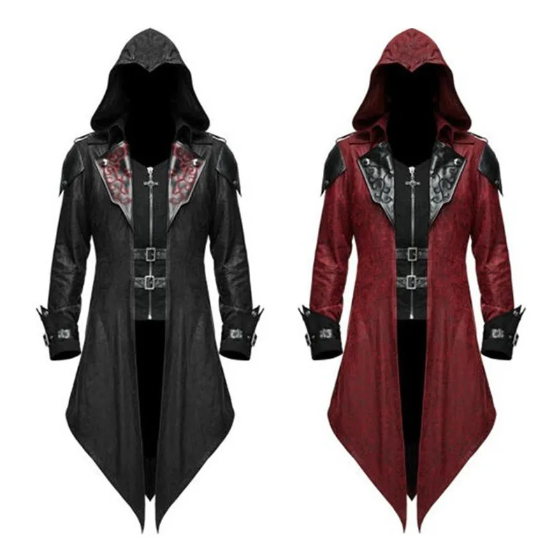 Mens Trench Coat Leather Hooded Medieval Gothic Renaissance Retro Punk Long Sleeve Jackets