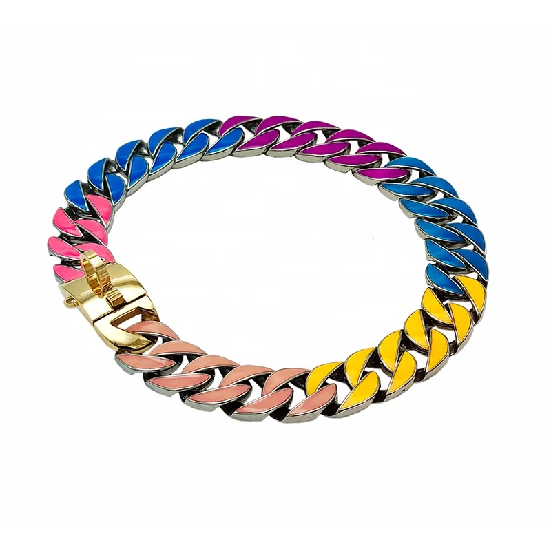 New Hot Sale Luxury Gold Stainless Steel Pet Collar 32mm Colourful Glowing Cuban Chain Metal Dog Collar For Bulldogs
