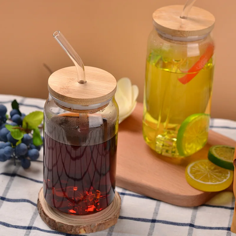 Drinking Glasses with Bamboo Lid and Glass Straw 16 Oz Can Shaped Glass Cups for Beer Ice Coffee Cute Tumbler Cup Great for Soda