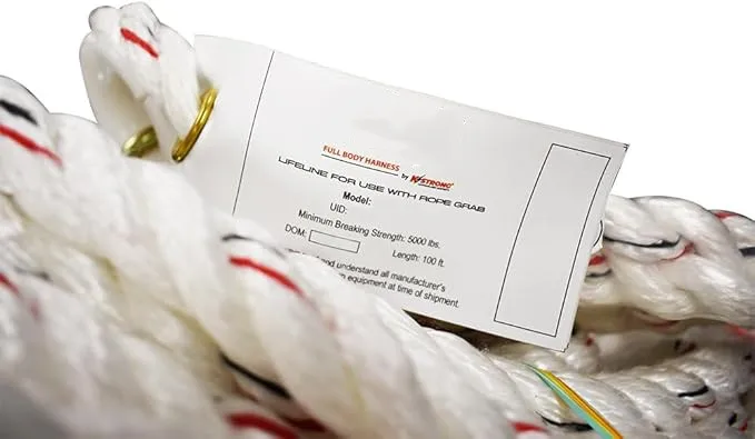 50 Foot Vertical White Polydac Roofing Climbing Rope Lifeline with Snap Hooks at Both Ends Safety Rope