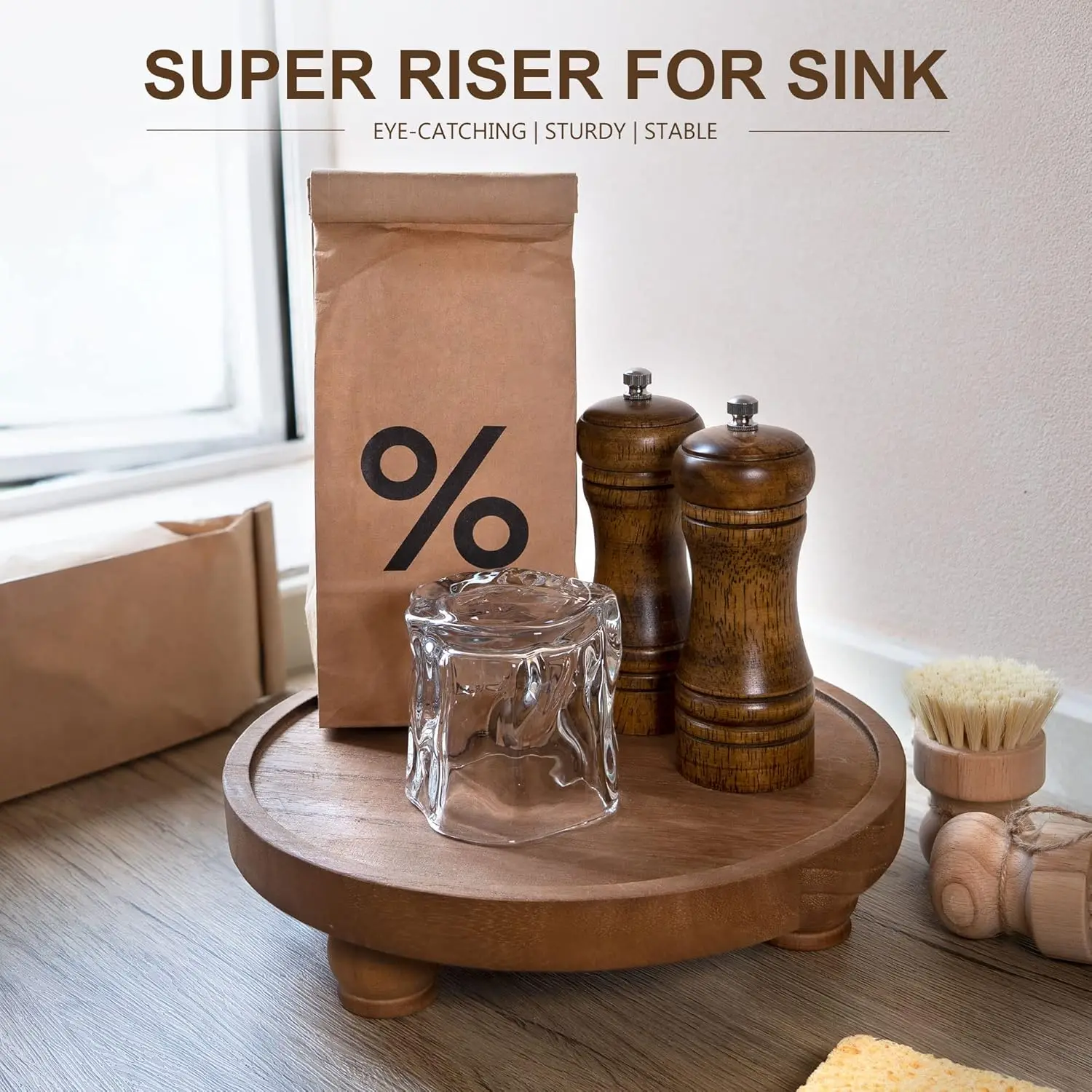 Wood Pedestal Stand Round Board Acacia Wood Riser Acacia Pedestal Board Round Pedestal Riser Kitchen Display Stand Plant Holder